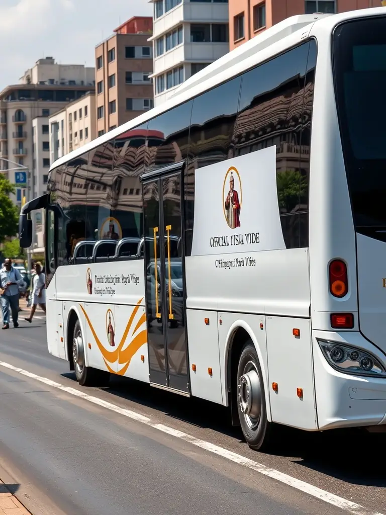 A photograph depicting a modern bus specifically designated for transporting pilgrims, adorned with the official logo of the Papal visit to Cameroon, set against the backdrop of a bustling city street in Yaoundé.