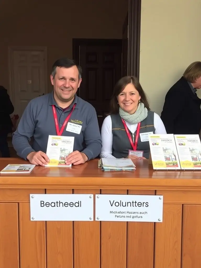 A photograph of a help desk staffed by bilingual volunteers, assisting pilgrims with directions, information, and any other assistance they may require during the Papal visit.
