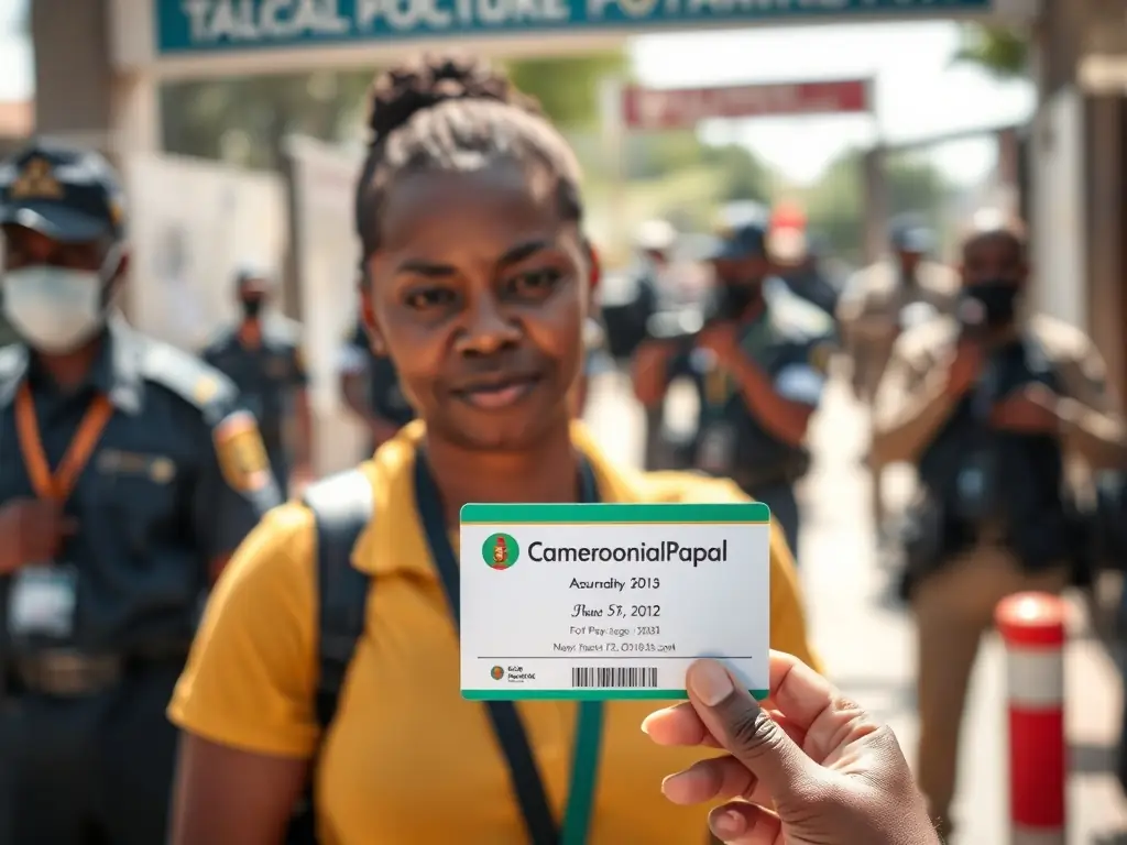 A professional photo of a journalist presenting their official CameroonPapal accreditation pass at a security checkpoint, with a blurred background of other journalists and event staff.