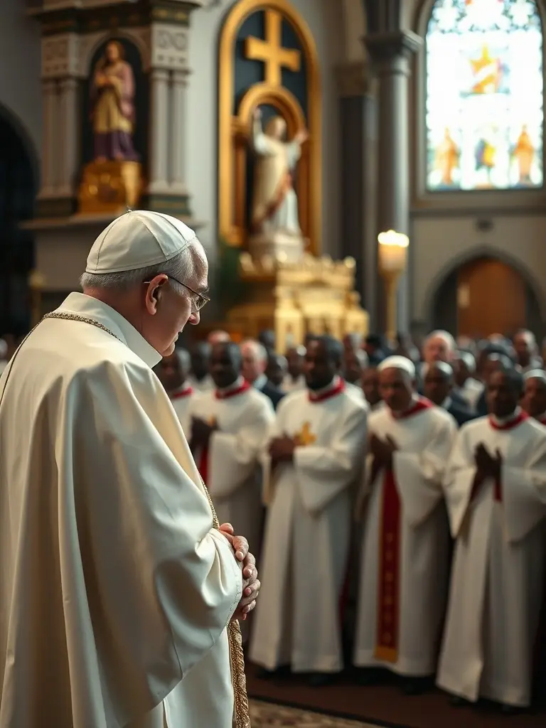 A candid shot of Pope Benedict XVI leading a mass at the Our Lady of Victories Cathedral in Yaoundé during his visit in 2009, capturing the solemnity and spiritual connection with the congregation.