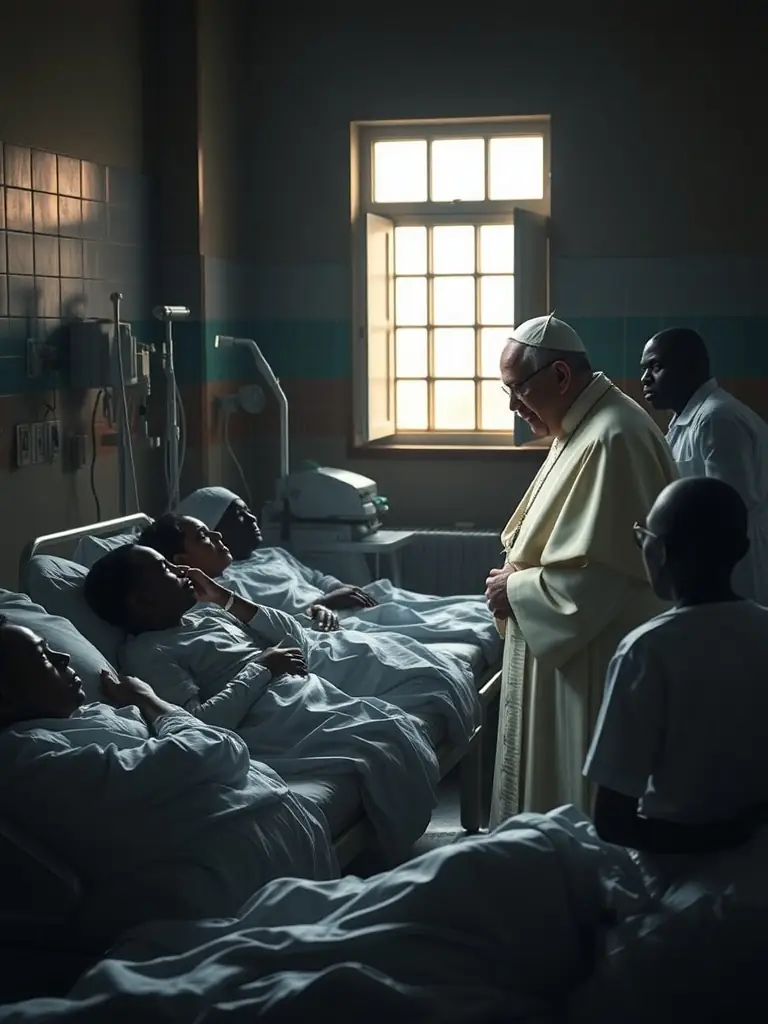 An image of the Pope visiting a local hospital or charity in Cameroon, interacting with patients and staff, highlighting the Church's commitment to social welfare and healthcare.