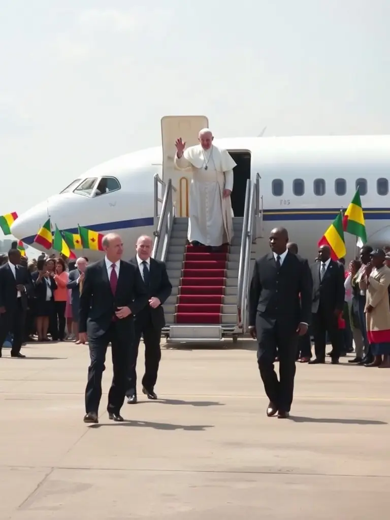 A photograph capturing Pope John Paul II's arrival at Yaoundé Nsimalen International Airport in 1985, showing him descending from the airplane with dignitaries awaiting on the tarmac, set against a backdrop of cheering crowds and Cameroonian flags.