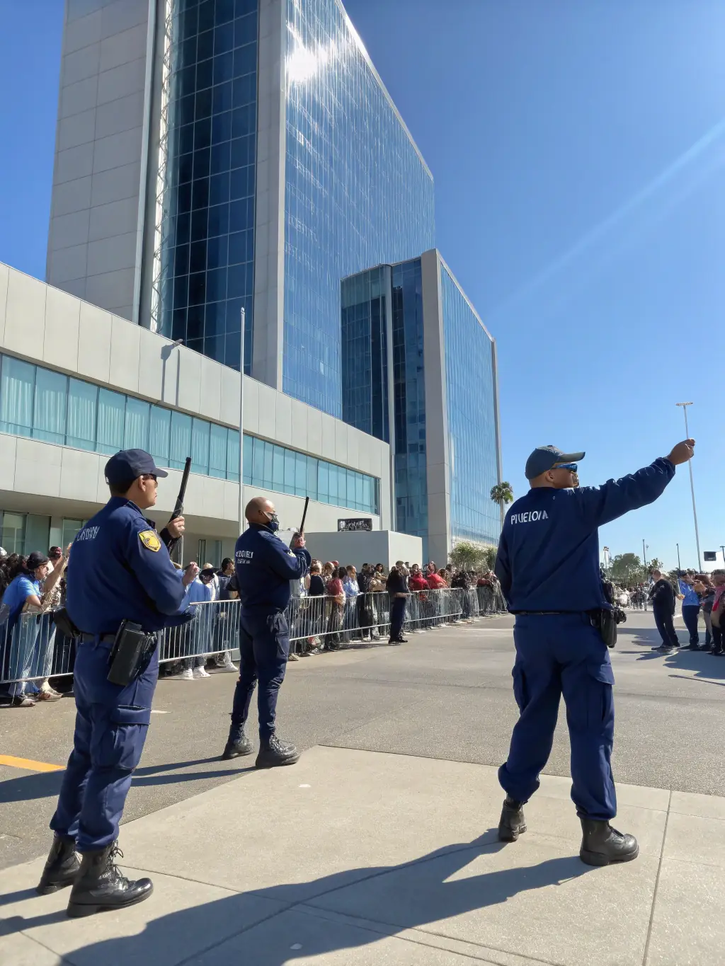 A photograph illustrating security personnel strategically positioned around a major pilgrimage site, ensuring the safety and order of the event, with visible but non-intrusive security measures.